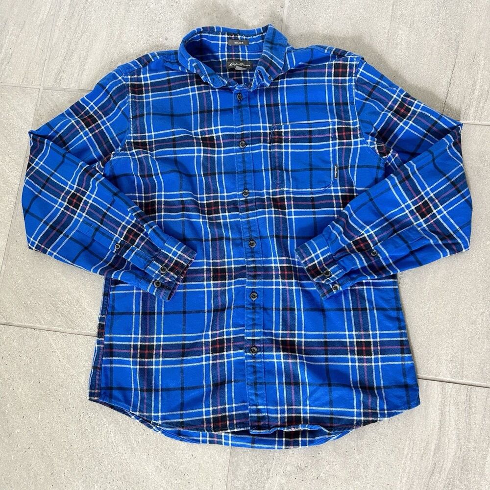 Eddie Bauer Blue Plaid Flannel Button Down Shirt Size M